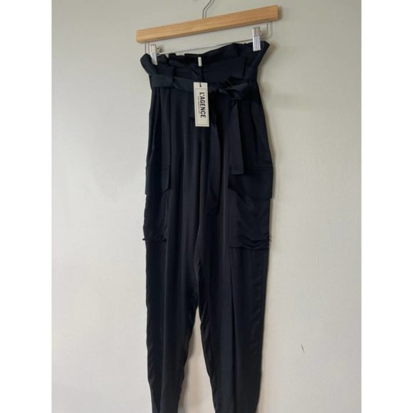 L'agence Roxy Paperbag Self Tie Zip Fly Satin Pants Women's Black Size: 0 NWT - Picture 3 of 11
